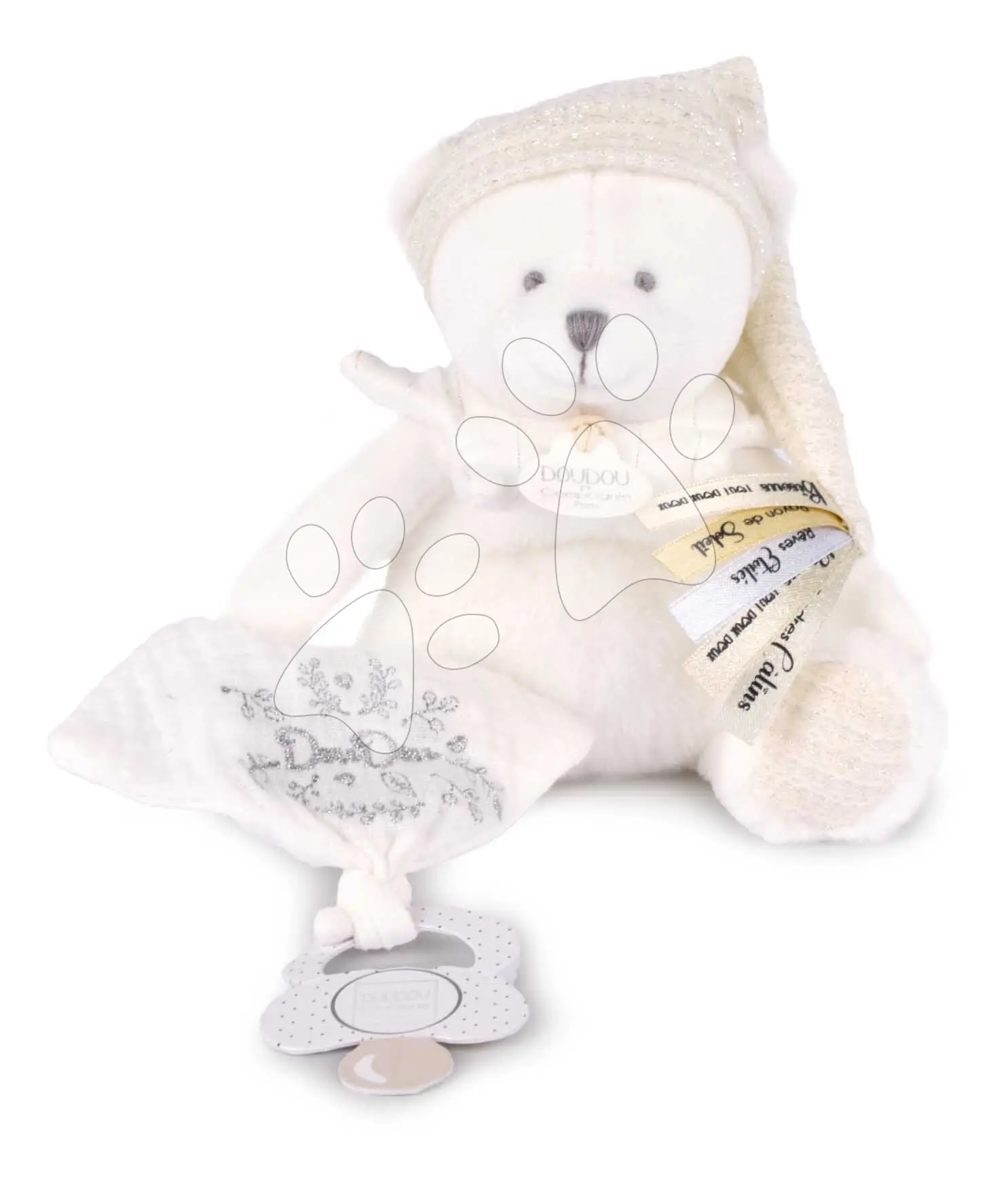 Doudou et Compagnie Paris Doudou dárková sada medvídek s úchytem na dudlík a dečkou béžový 20 cm