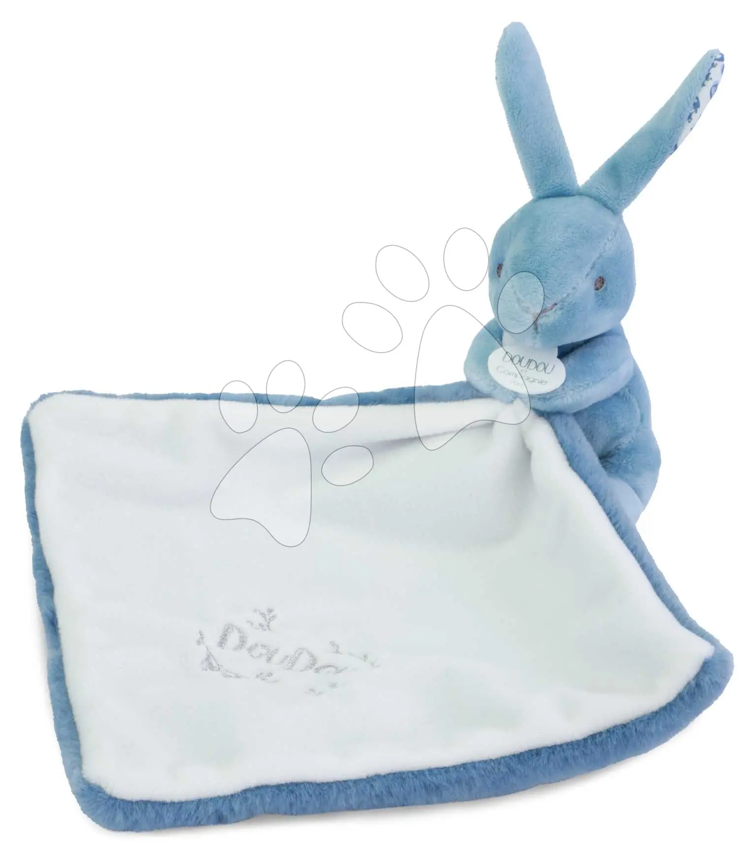 Plyšový zajíček s látkou na mazlení Bunny with a Comforter Blue Doudou et Compagnie v dárkovém balení modrý 10 cm od 0 měsíců