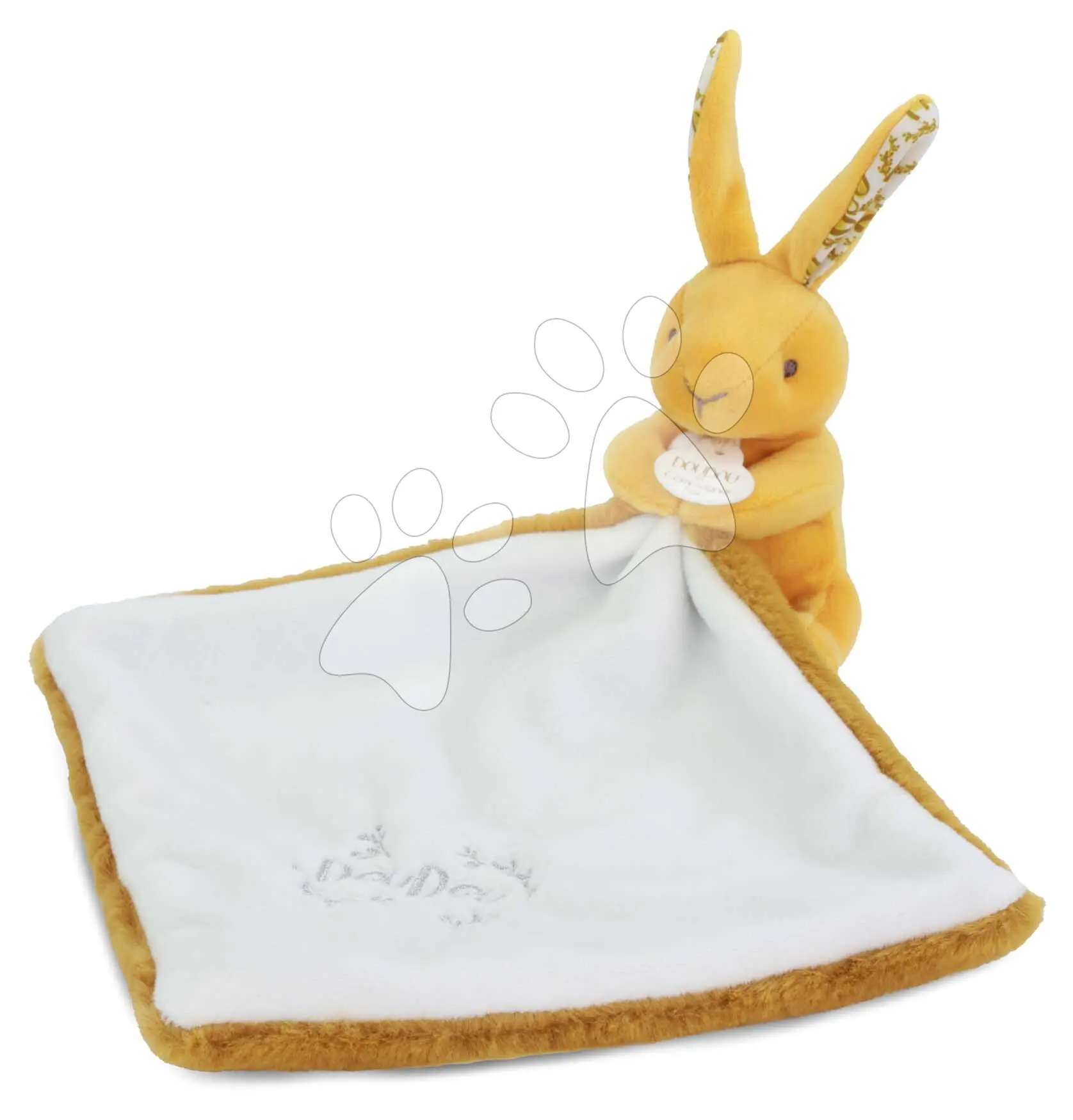 Plyšový zajíček s látkou na mazlení Bunny with a Comforter Ochre Doudou et Compagnie v dárkovém balení žlutý 10 cm od 0 měsíců