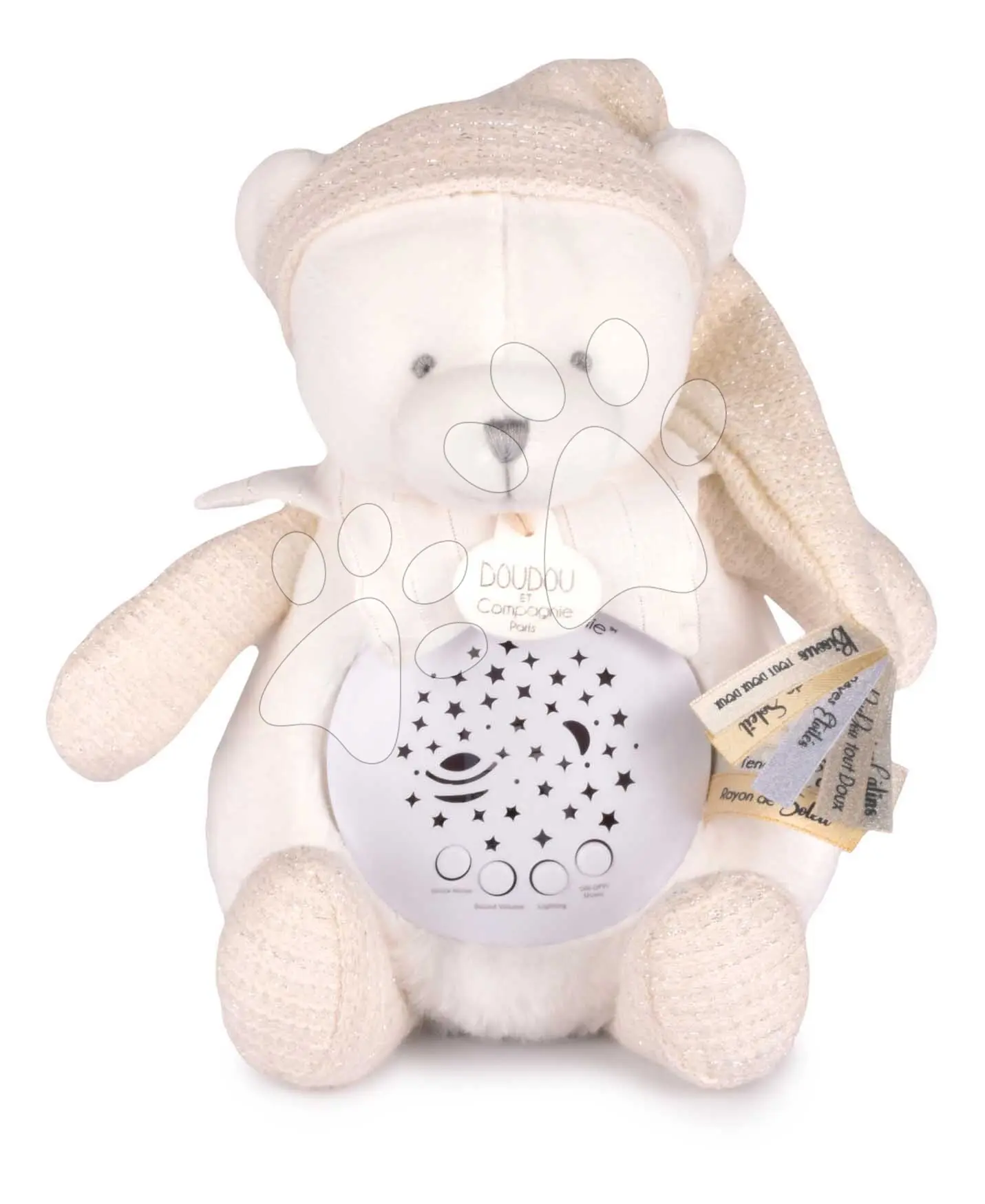 Plyšový medvídek Doudou 25 Years Night Light Star Projector White Doudou et Compagnie se světlem hudbou a bílým šumem bílý 19 cm od 0 měsíců