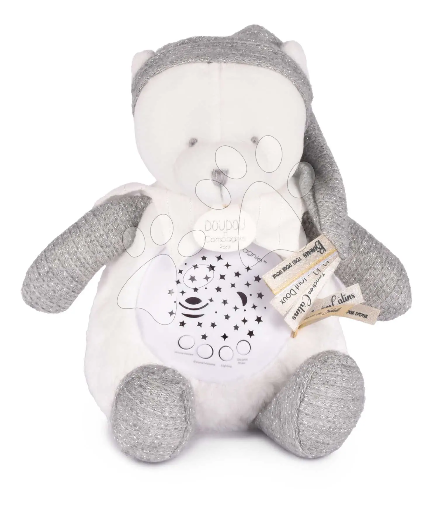 Plyšový medvídek Doudou 25 Years Musical Night Light Star Projector Grey Doudou et Compagnie se světlem hudbou a bílým šumem šedý 19 cm od 0 měsíců