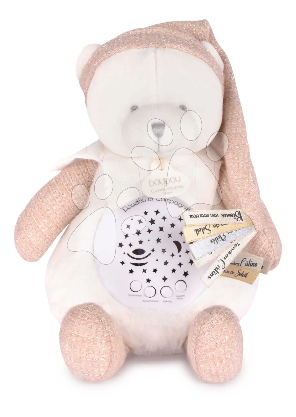 Plyšový medvídek Doudou 25 Years Night Light Star Projector Pink Doudou et Compagnie se světlem hudbou a bílým šumem růžový 19 cm od 0 měsíců