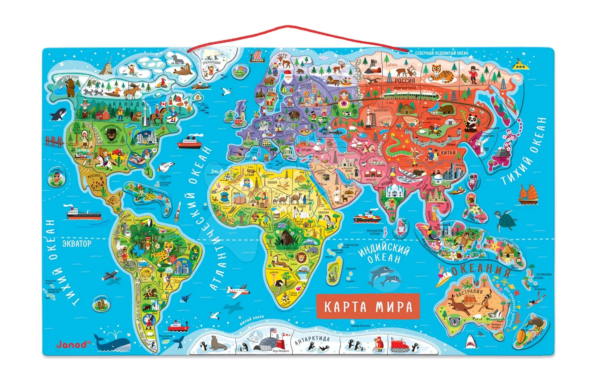 Magnetická mapa světa Magnetic World Map ruská verze Janod 92 magnetů od 5 let