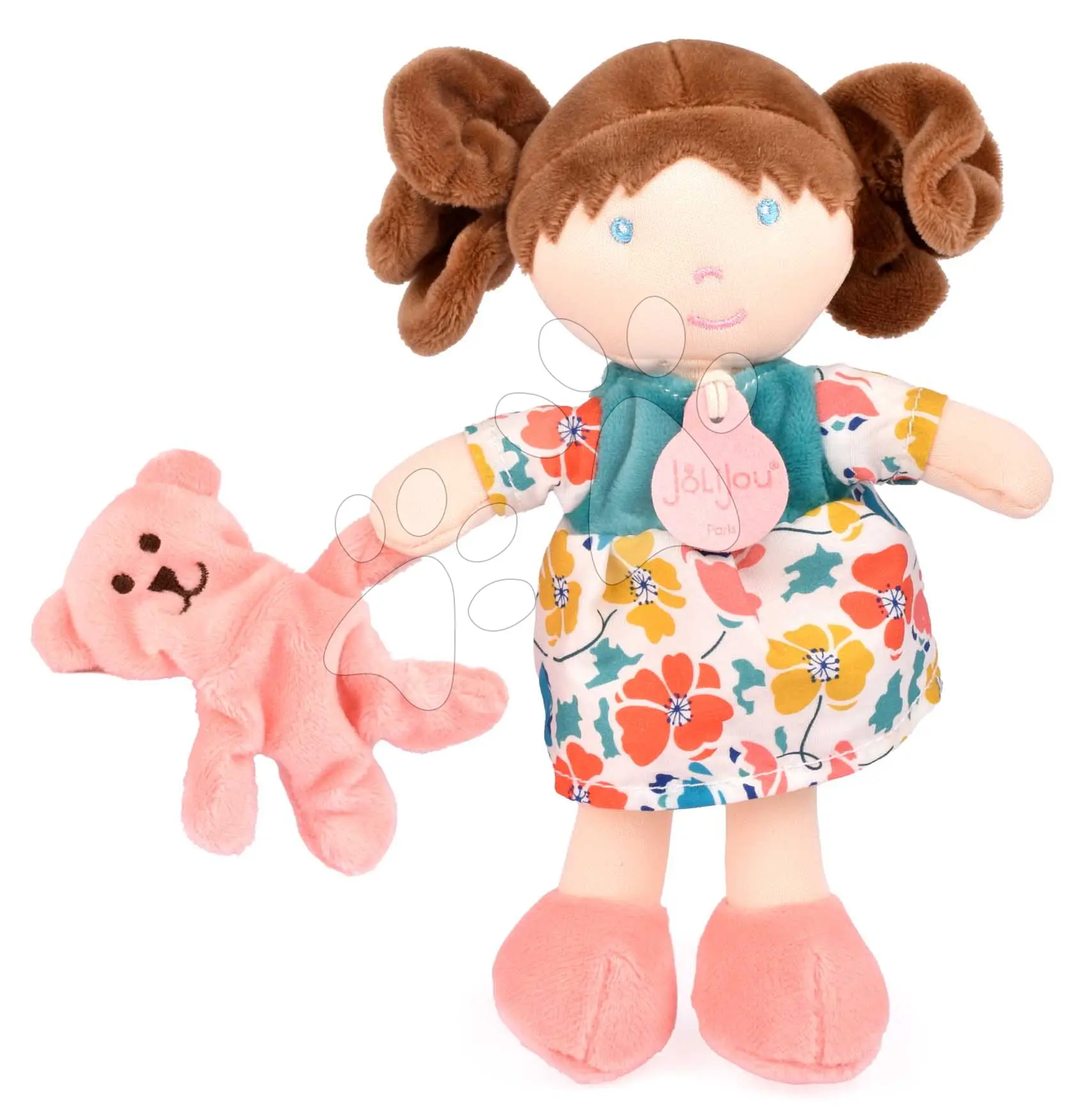 Panenka pro miminka Mrs Petunia My First Doll Jolijou 21 cm ve vzorovaných šatech s medvídkem z jemného textilu od 0 měsíců