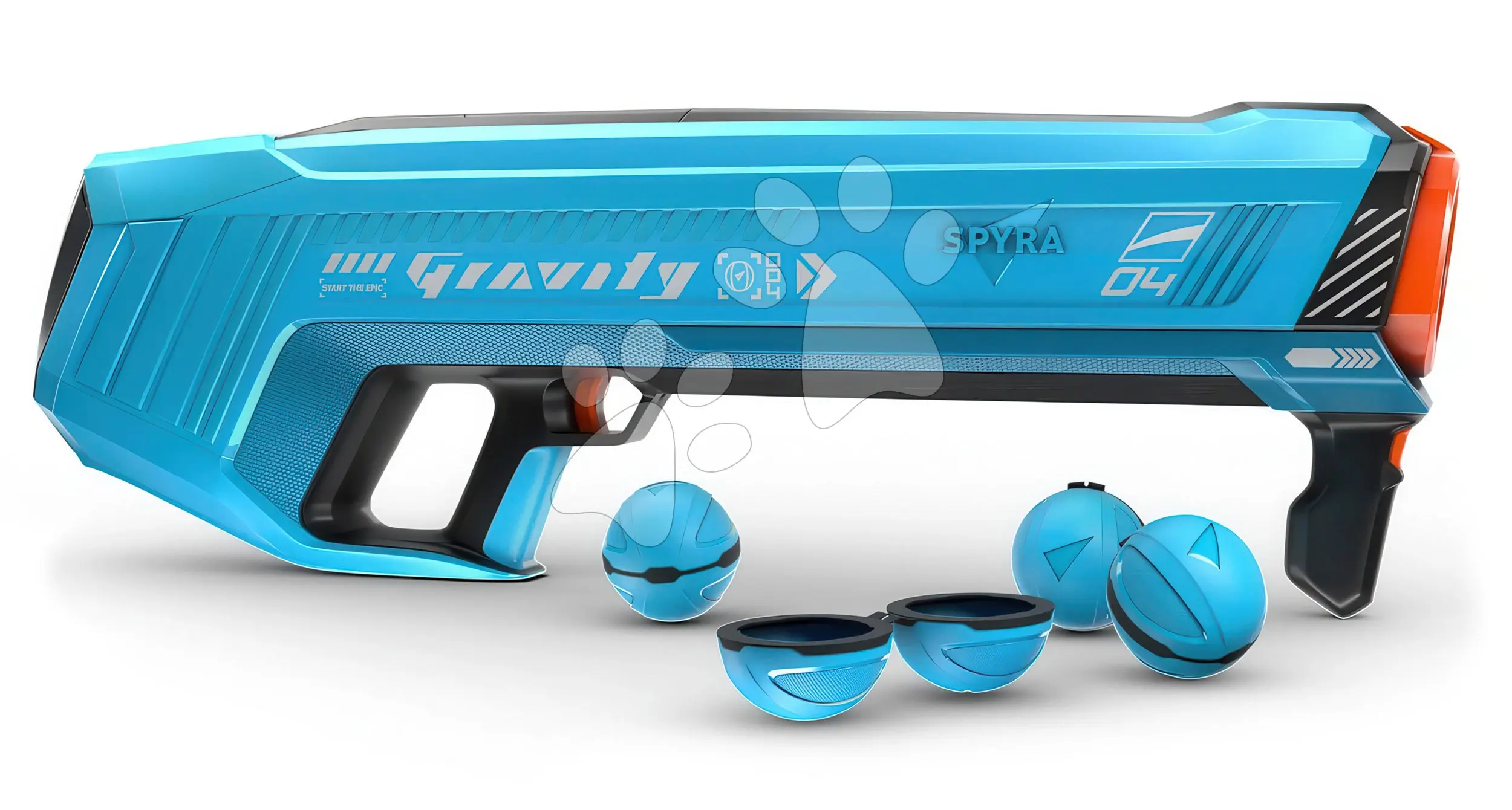 Vodní granátomet s barevným LED displejem SpyraGravity Blue Spyra s integrovanou baterií s USB-C nabíjením a 4 vodní granáty s dostřelem 16 m