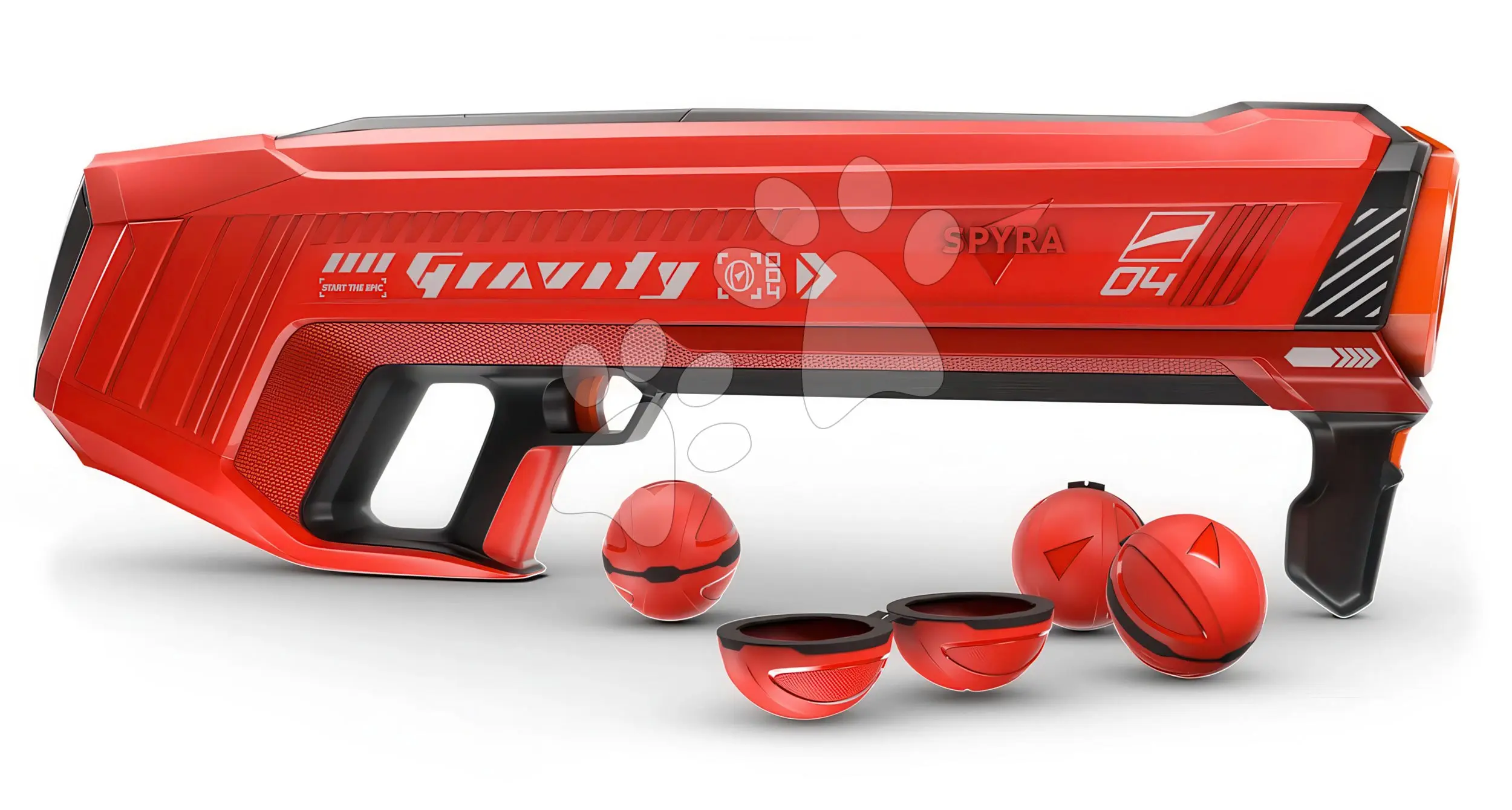 Vodní granátomet s barevným LED displejem SpyraGravity Red Spyra s integrovanou baterií s USB-C nabíjením a 4 vodní granáty s dostřelem 16 m
