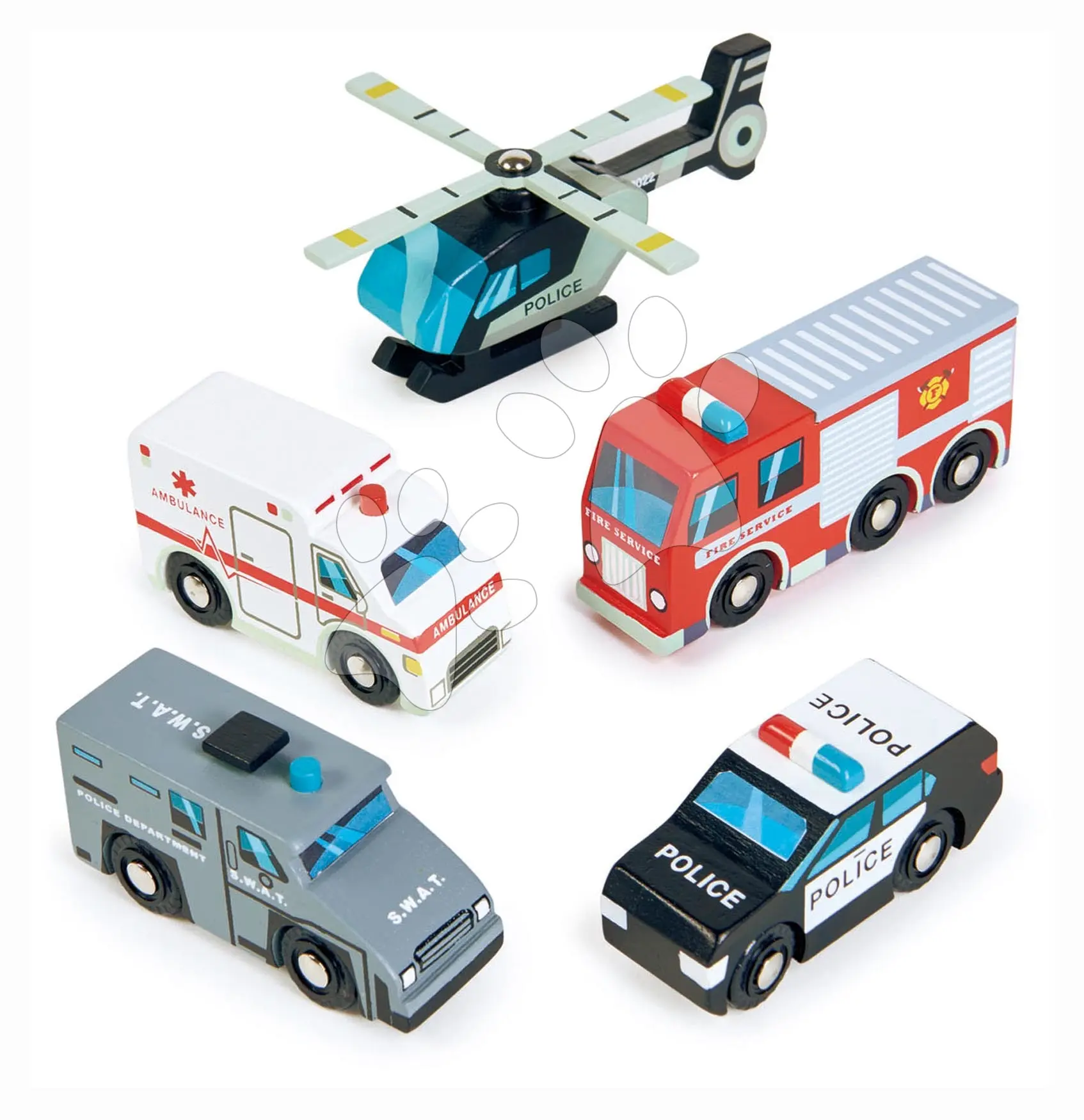 Dřevěná záchranářská vozidla Emergency Vehicles Tender Leaf Toys 5 druhů autíček