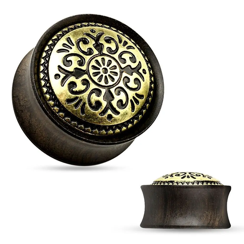 Dřevěný plug do ucha Ebony Wood s ornamenty (19 mm) - PL01170-16