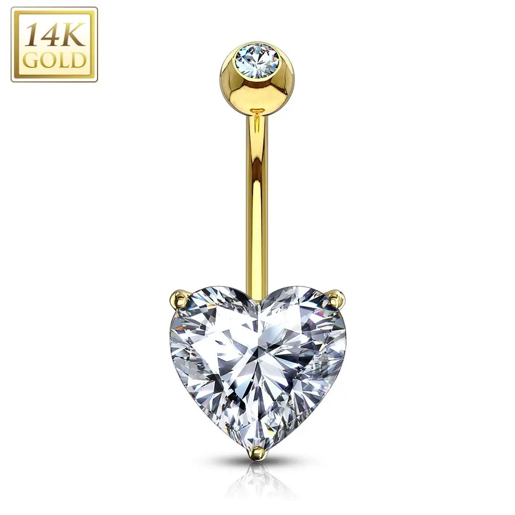 Zlatý piercing do pupíku - srdíčko 8 mm, čirý zirkon, Au 585/1000 - ZL01208C-YG