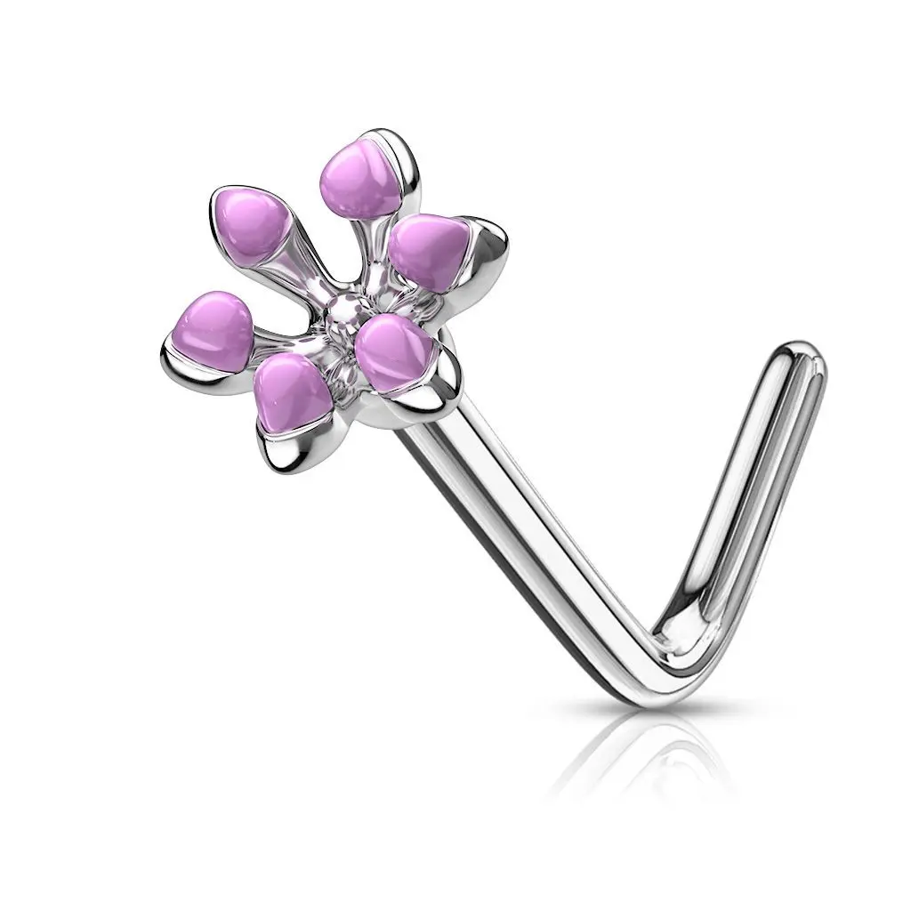 Zahnutý piercing do nosu kytička (fialová)
