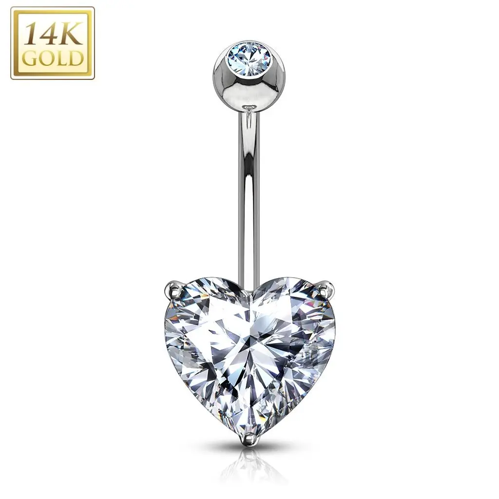 Zlatý piercing do pupíku - srdíčko 8 mm, čirý zirkon, Au 585/1000 - ZL01208C-WG