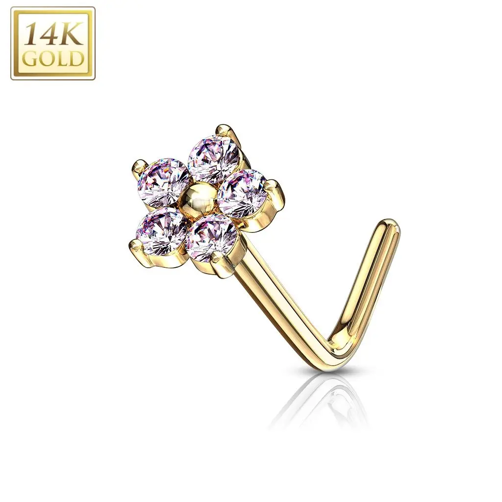 Zlatý piercing do nosu kytička - růžové zirkony, Au 585/1000 - ZL01200P-YG