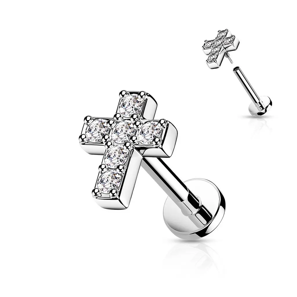 Labreta / cartilage piercing - křížek, 1,2 x 8 mm - LB0039ST-1208