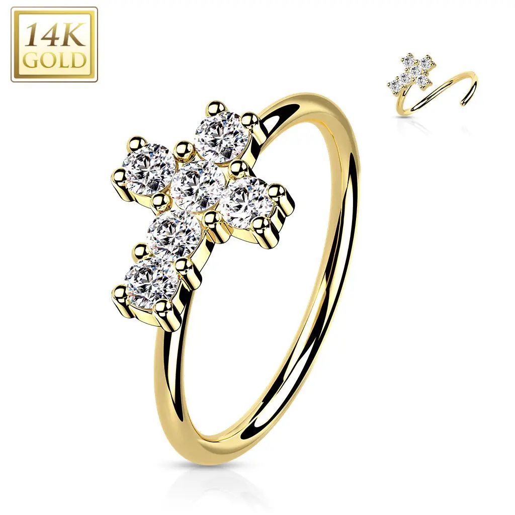 Zlatý piercing do nosu kruh s křížkem, 0,8 x 8 mm, Au 585/1000 - ZL01225-YG