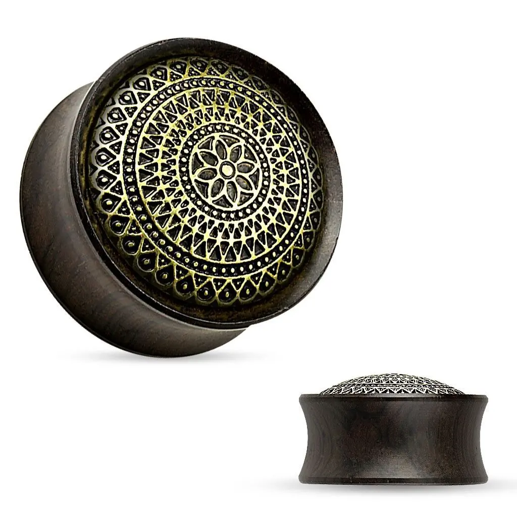 Dřevěný plug do ucha Ebony Wood s ornamenty (6 mm) - PL01176-06
