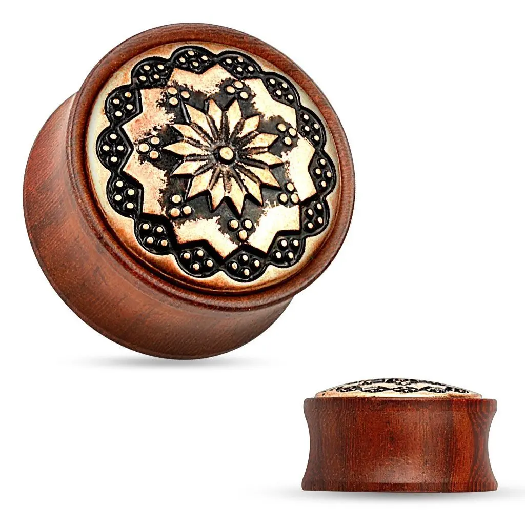 Dřevěný plug do ucha Rose Wood s ornamenty (12 mm) - PL01175-12