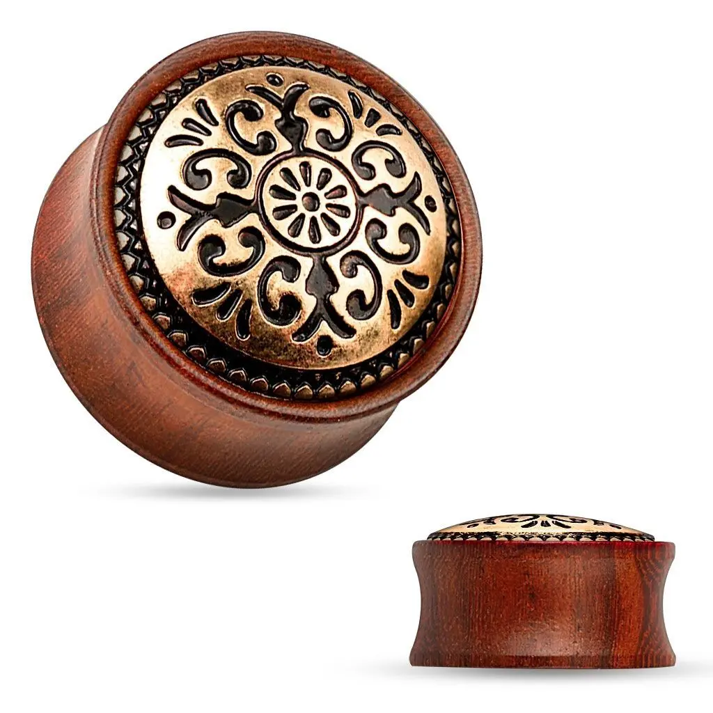 Dřevěný plug do ucha Rose Wood s ornamenty (14 mm) - PL01171-14