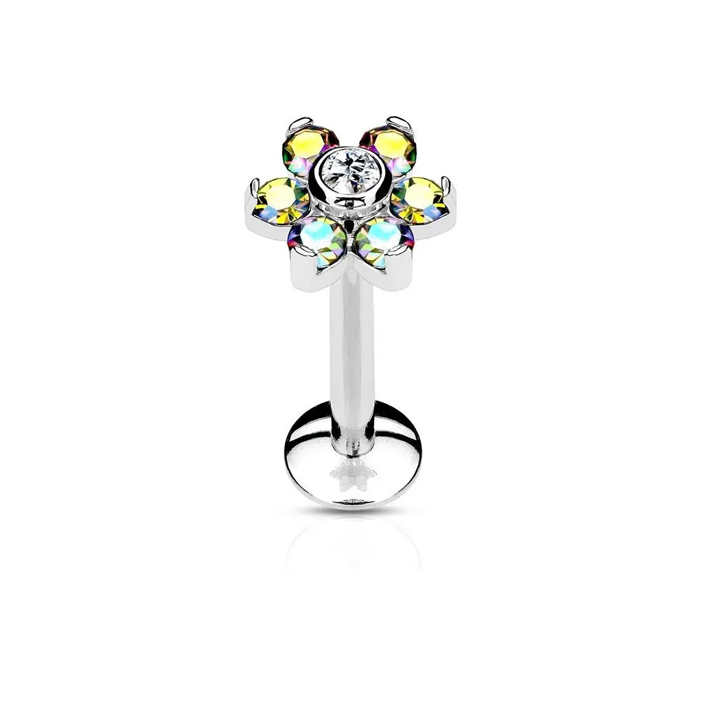 S4U Piercing do brady - labreta kytička, čirý/duhové kamínky (1,2 x