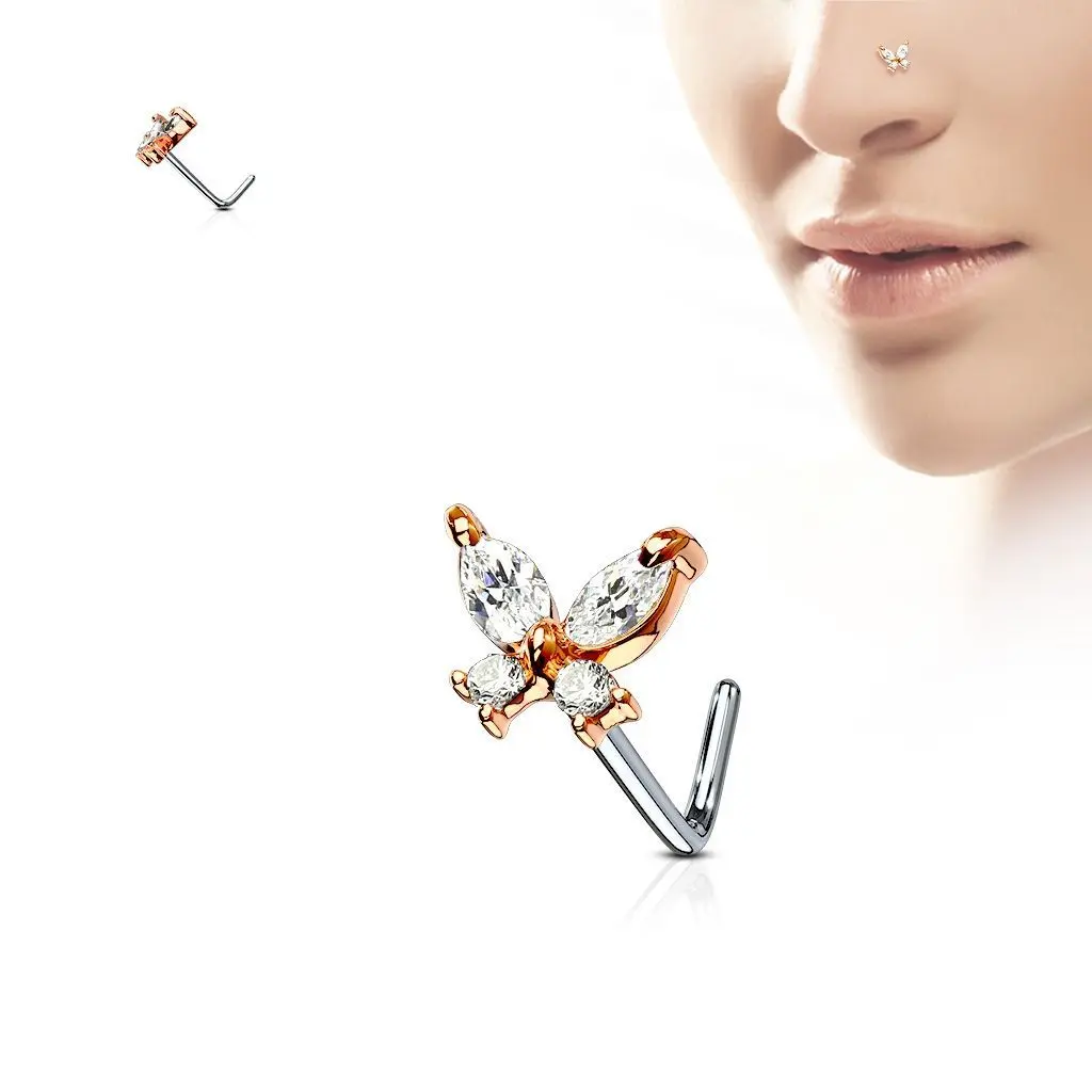 Zahnutý piercing do nosu - motýlek (růžové zlato) - N0082-RDC