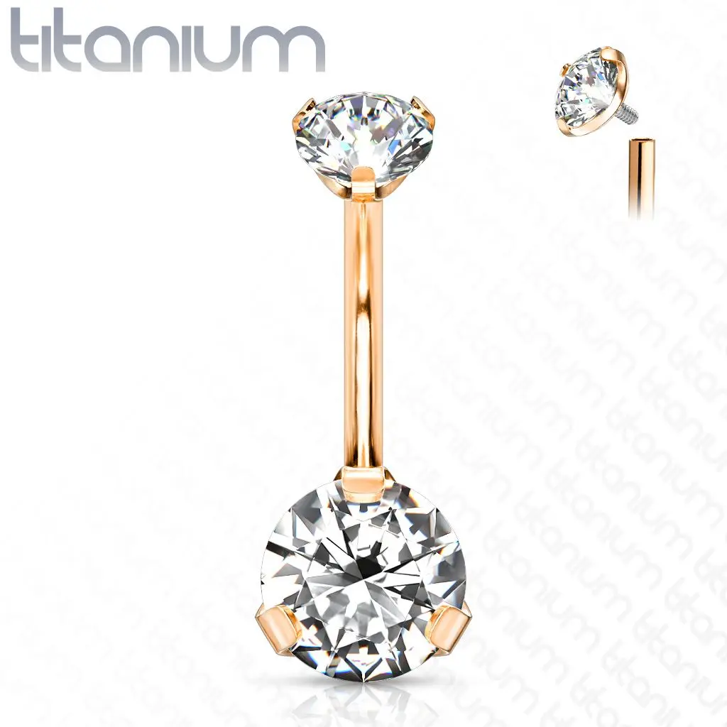 Zlacený piercing do pupíku vnitřní závit, zirkon - TITAN