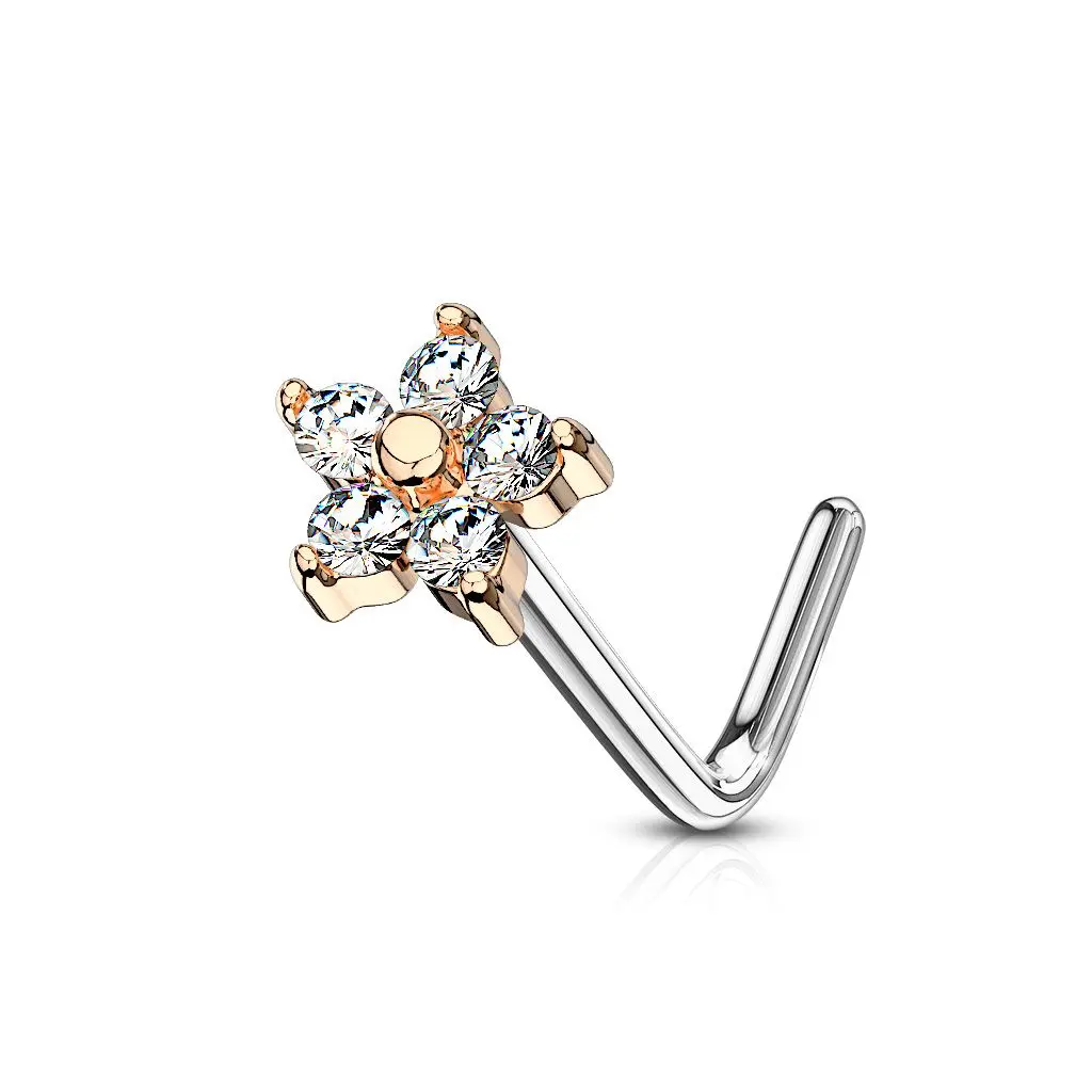 Zlacený zahnutý piercing do nosu kytička, čiré kamínky - N0083-RDC