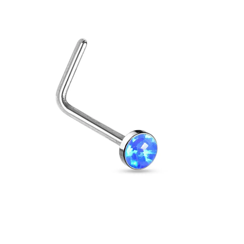 Zahnutý piercing do nosu - modrý opál - N0016-OP05