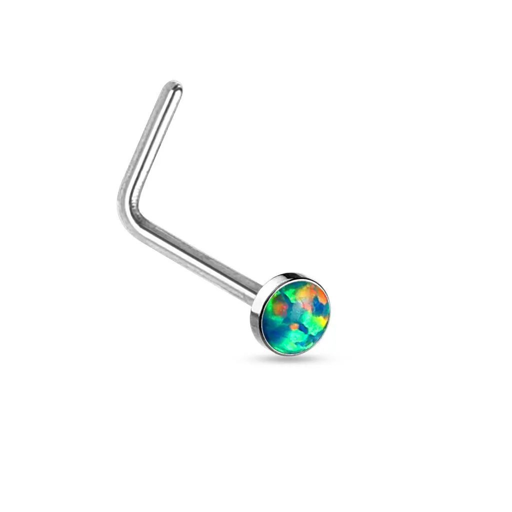 Zahnutý piercing do nosu - zelený opál - N0016-OP02
