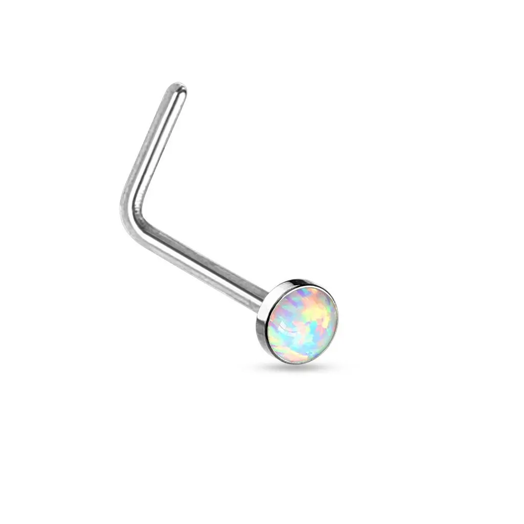 Zahnutý piercing do nosu - bílý opál - N0016-OP17