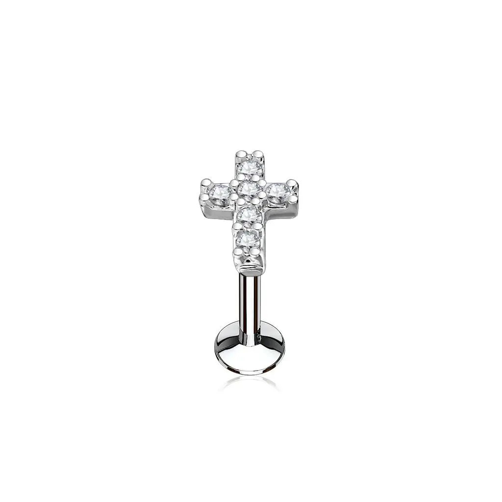 Piercing do brady křížek 1,2 x 6 mm, čiré zirkony - LB0027C-1206