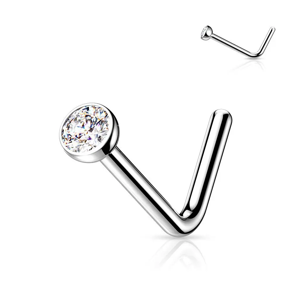 Zahnutý piercing do nosu - titan, 1,5mm čirý kamínek - TIT1027C-015
