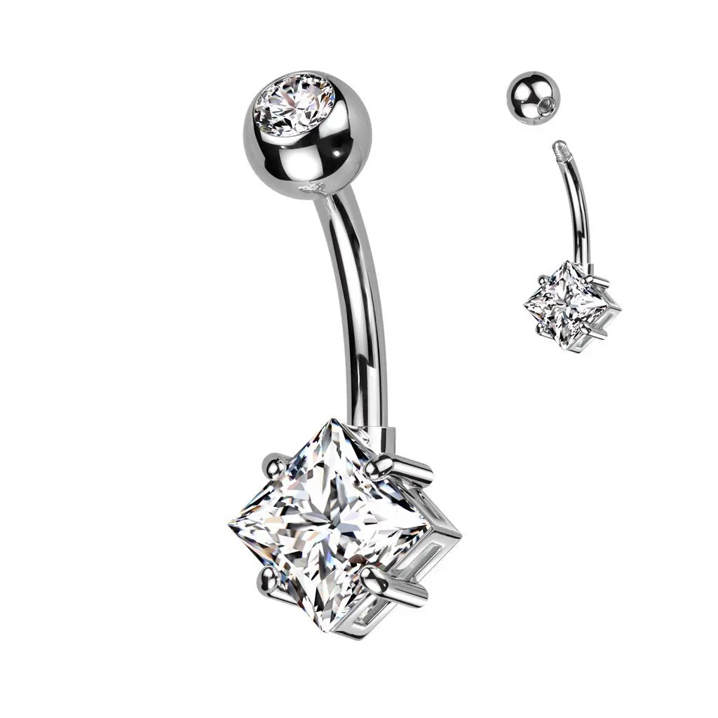 Piercing do pupíku s čtvercovým kamenem (čirý)