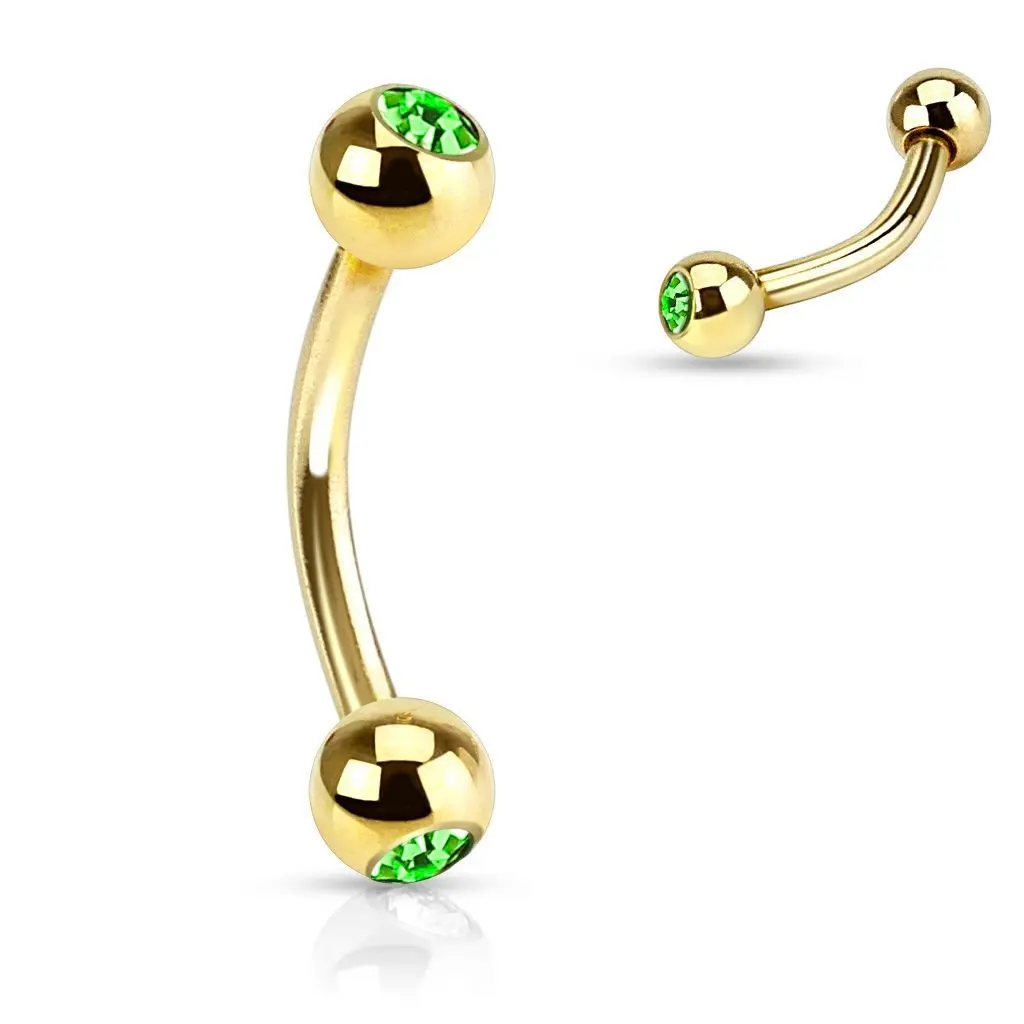Pozlacený piercing do obočí s kamínky (zelená) - OB01088-G