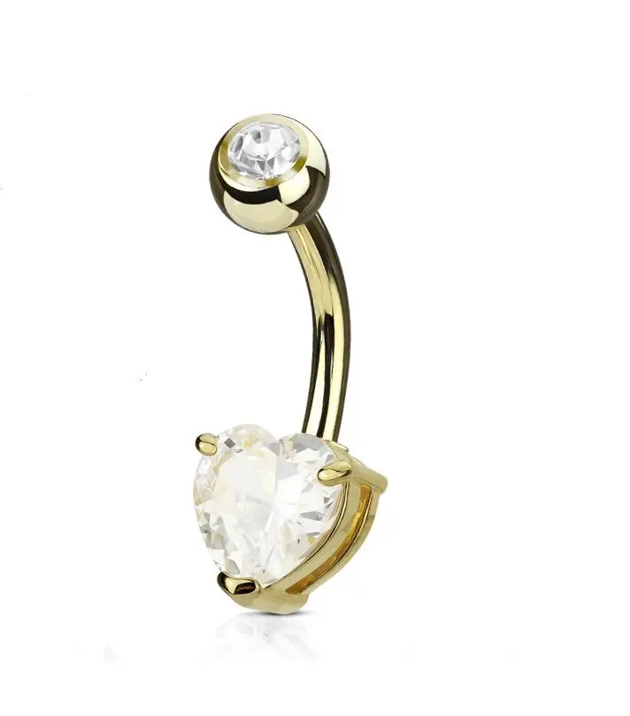 Zlacený piercing do pupíku srdce, barva čirá