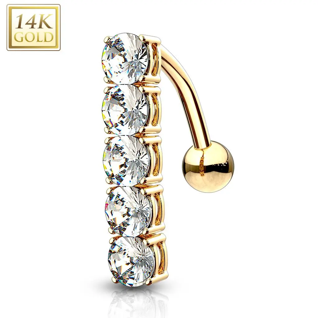 Zlatý piercing do pupíku, čiré zirkony, Au 585/1000 - ZL01093C-YG