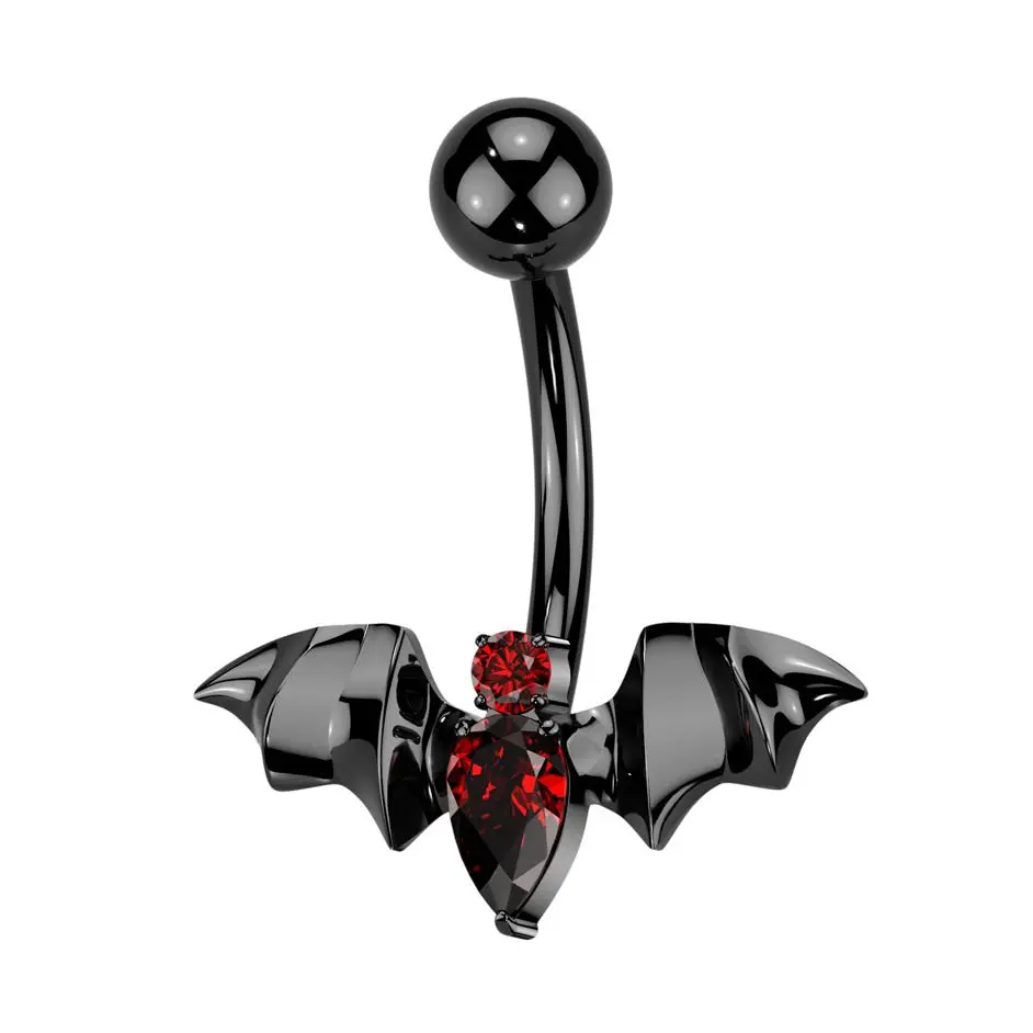 S4U Černý piercing do pupíku netopýr s rudými zirkony - TITAN - TIT1560-K