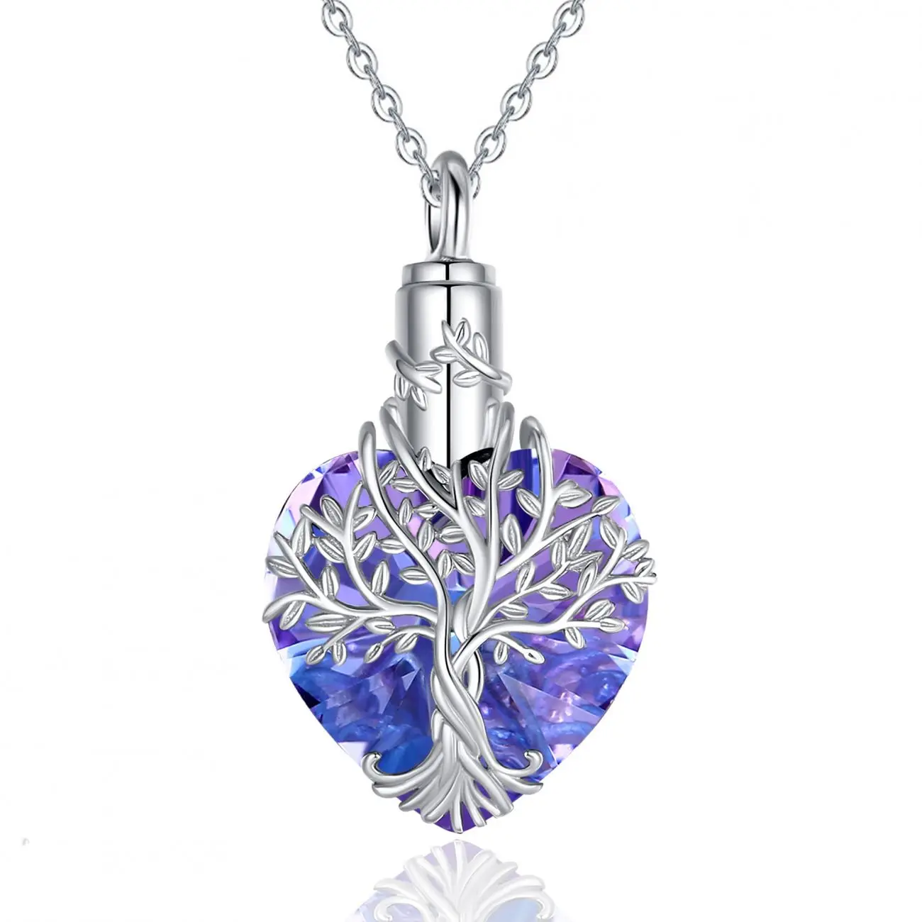 Stříbrný pietní náhrdelník - Fialové Swarovski srdce s motivem stromu života