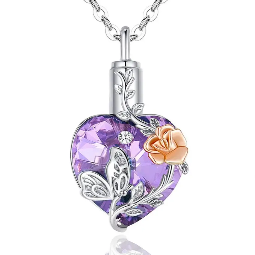 Stříbrný pietní náhrdelník - Fialové Swarovski srdce s růží a motýlem
