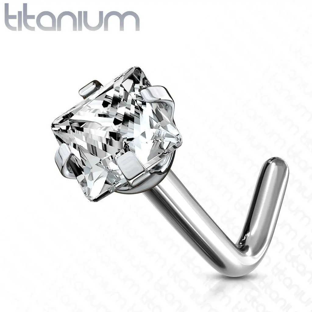 Zahnutý piercing do nosu - titan, čirý kamínek 3 mm - TIT1040-C