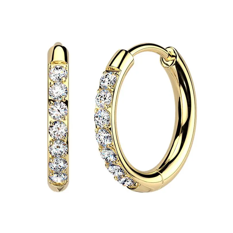 Zlacené titanové náušnice kroužky s moissanity, 14 mm - MOT1002-14