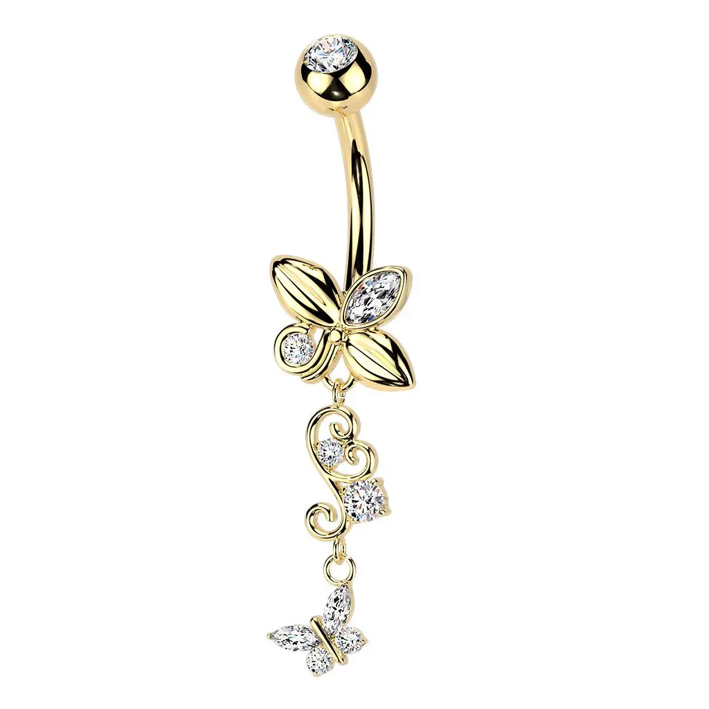 MARRE Zlacený visací piercing do pupíku s motýlky - WP0117-GD