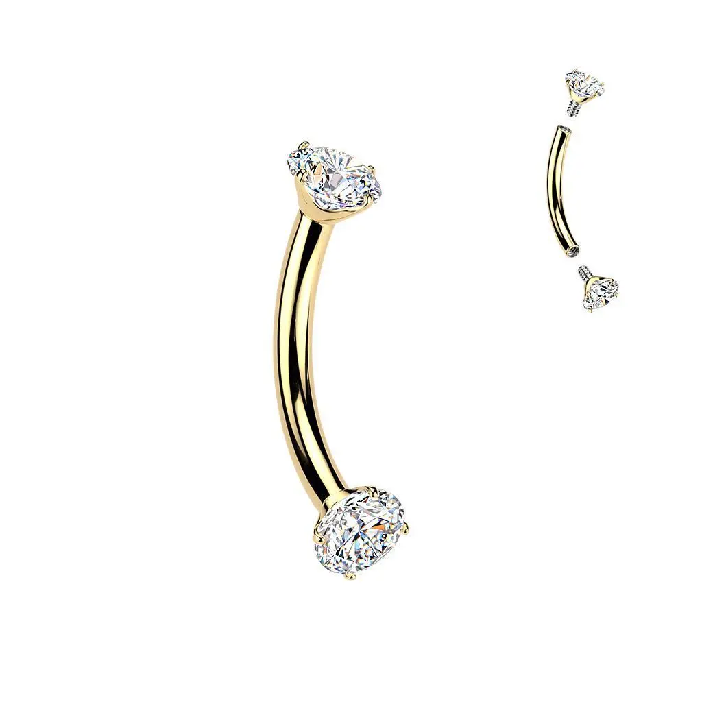 S4U Luxusní zlacený piercing do obočí s Moissanity 2 x 0.11 ct, TITAN (1,2 x 10 mm)