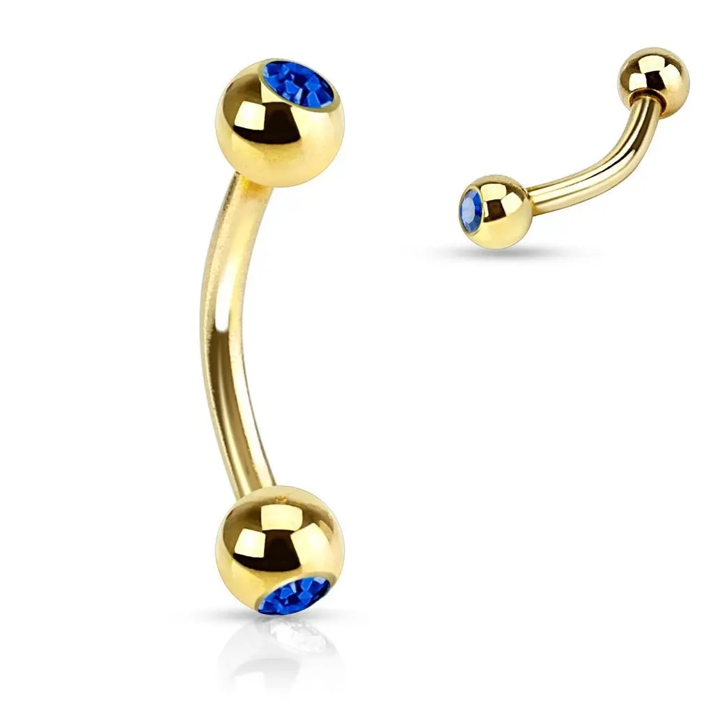 Pozlacený piercing do obočí s kamínky (tmavě modrá) - OB01088-B
