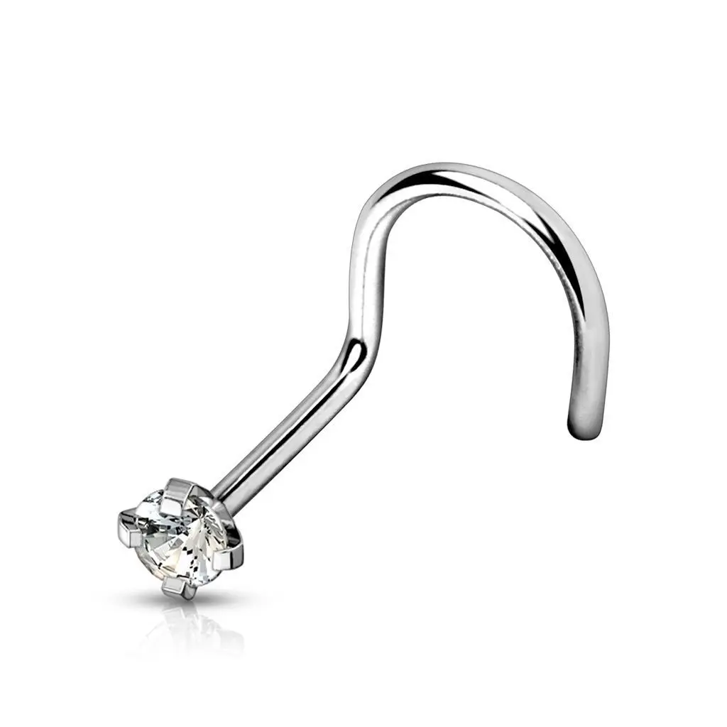 Zahnutý piercing do nosu - titan, čirý kamínek (čirá,
