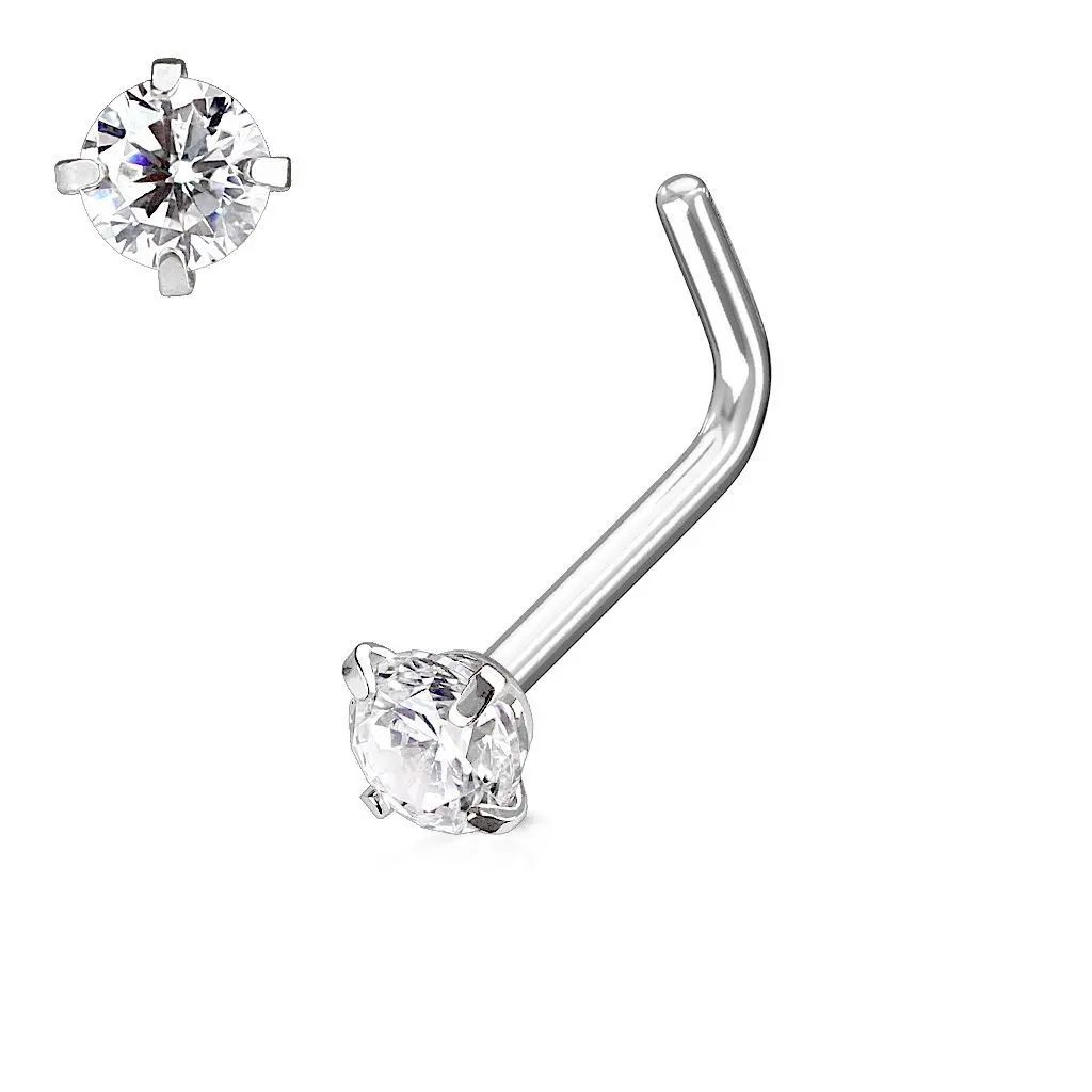 Zahnutý piercing do nosu, čirý kamínek - N0066-C