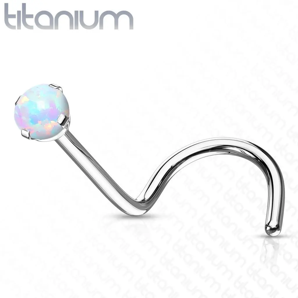 Zahnutý piercing do nosu - TITAN, opál