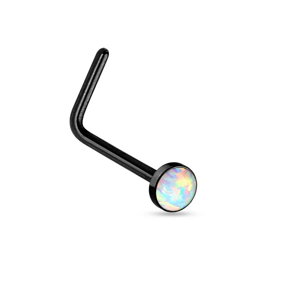 Černý zahnutý piercing do nosu - opál - N0014