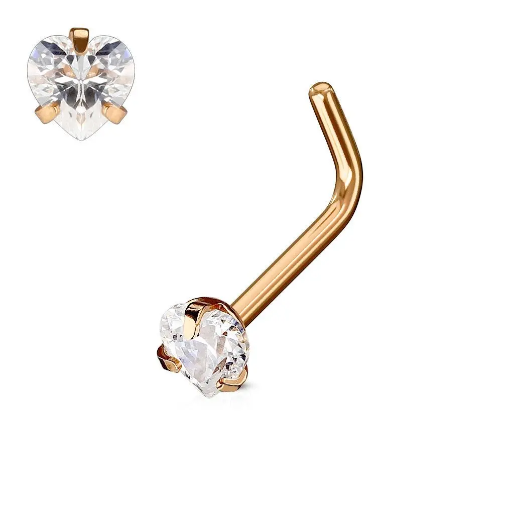 Zlacený piercing do nosu srdíčko, čirý kamínek - N0068-RDC