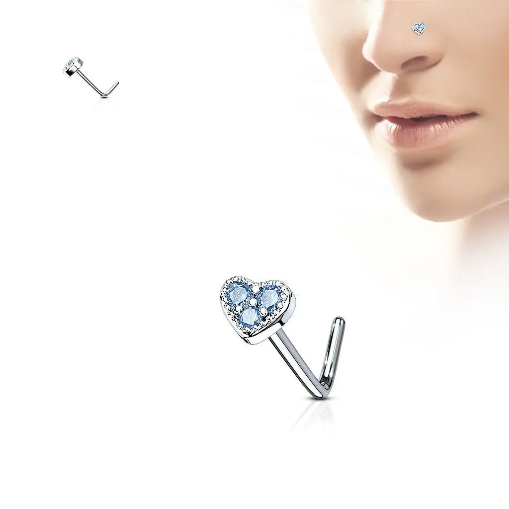 Piercing do nosu srdíčko, tyrkysové kamínky - N0087-Q