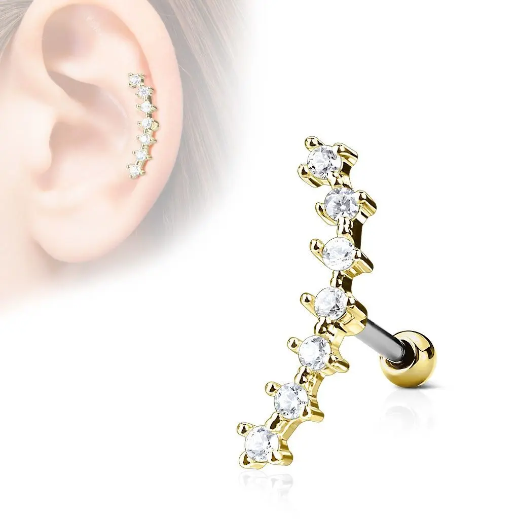 Zlacený cartilage piercing do ucha - čiré kamínky - CP1031-GDC