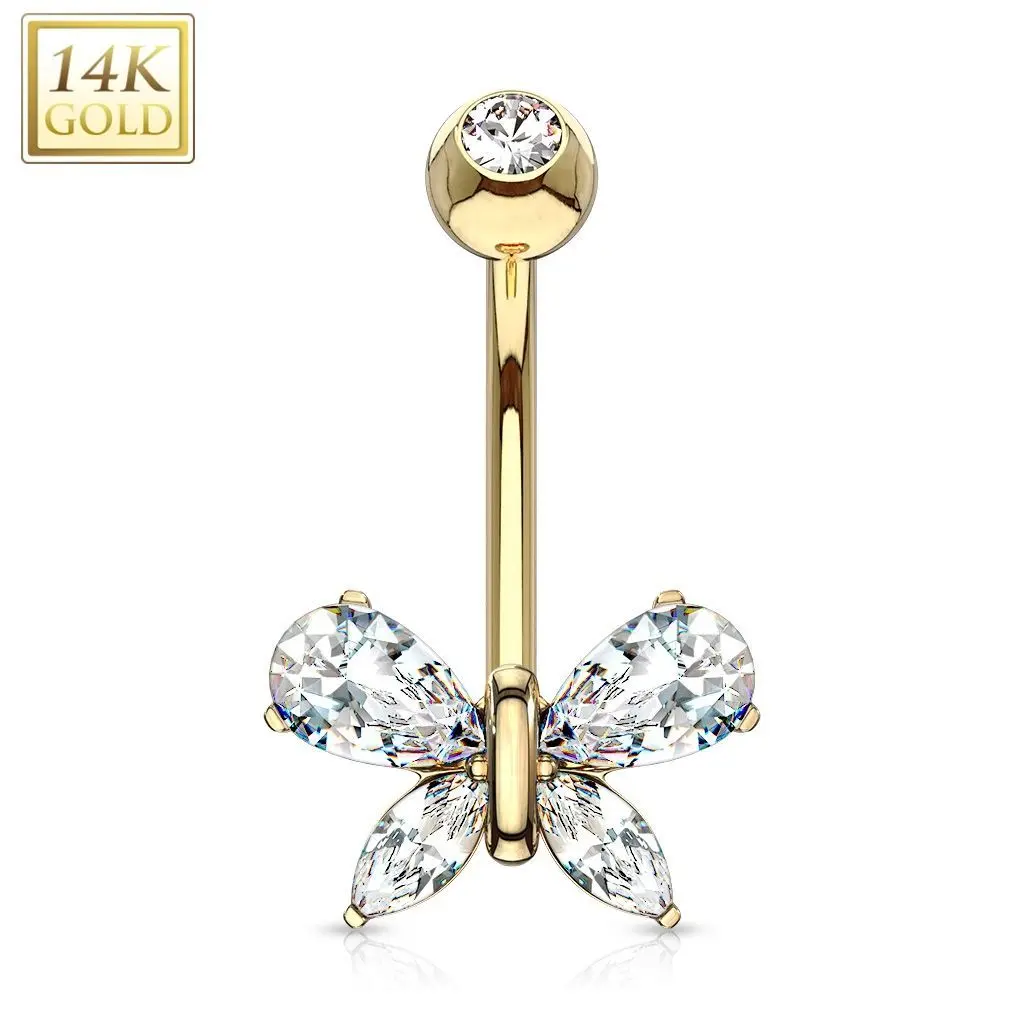 Zlatý piercing do pupíku - motýlek s čirými zirkony, Au 585/1000 - ZL01171C-YG